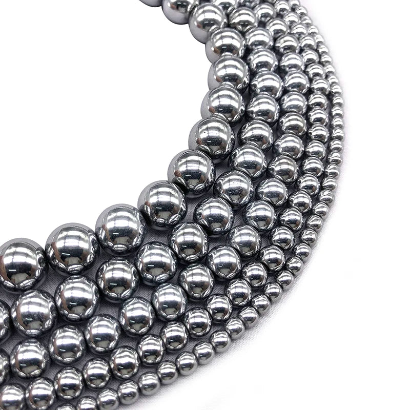 Natural Silver Plated Hematite Beads Round Loose Jewelry Making Stones 2-12mm