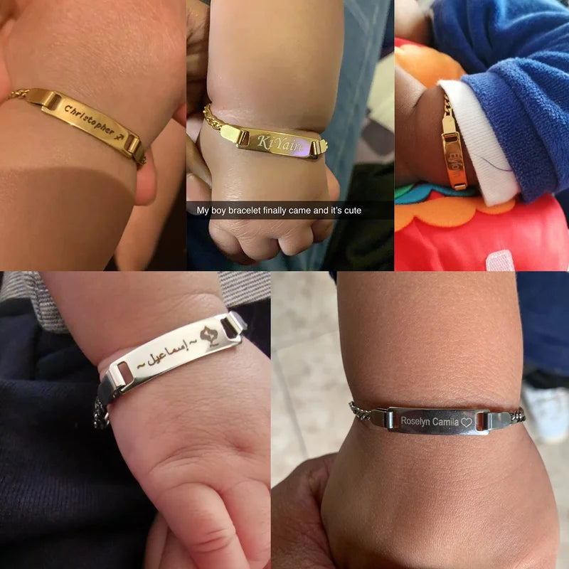 Personalized Mom Dad Son Daughter Baby Bracelet - Engraved Stainless Steel Jewelry, Adjustable Gift for Baptism & Love