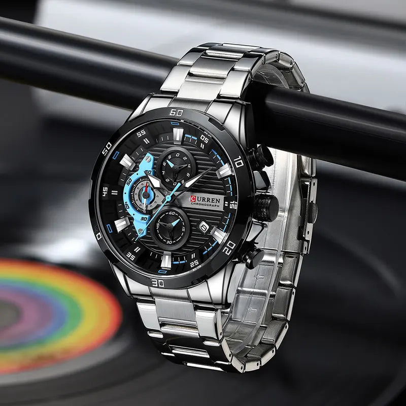 Men's Stainless Steel Chronograph Watch with Luminous Dial Casual Wristwatch