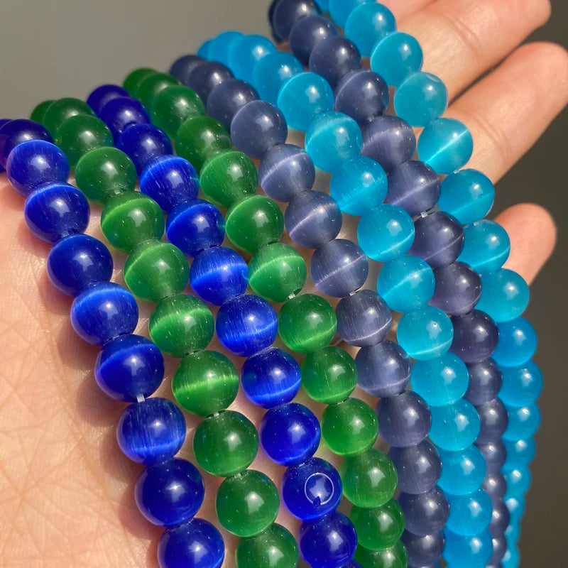 Natural Stone Glass Beads for Jewelry Making - Pink Cat Eye Opal Loose Beads 4-12mm, 15 Inch Strand