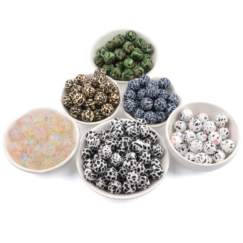 DIY Silicone Beads Set - 12/15/19mm Round Flower Leopard Design for Jewelry Making
