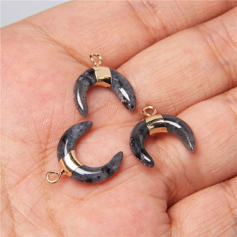 Natural Moon Horn Shaped Semi-Precious Stone Pendants for Jewelry Making - 3pcs