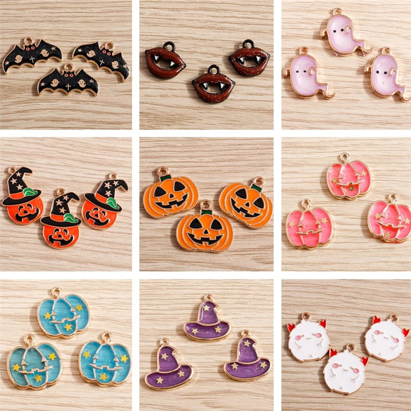 Halloween Charms 10pcs Set for Jewelry Making Pumpkin Bat Ghost Pendants