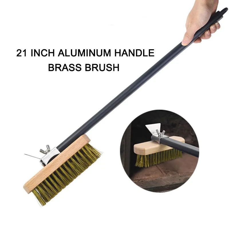 Long Handle Pizza Oven Cleaning Brush with Copper Bristles - 21 Inch Aluminum Handle