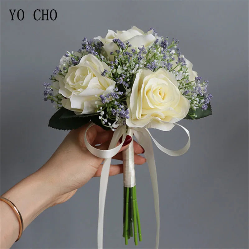 Artificial Silk Flower Bouquet with Roses and Babysbreath for Wedding and Home Decor