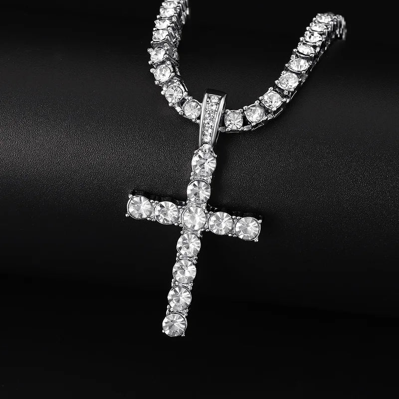 Men Women Hip Hop Cross Pendant Necklace with Zircon Tennis Chain - Trendy Bling Jewelry