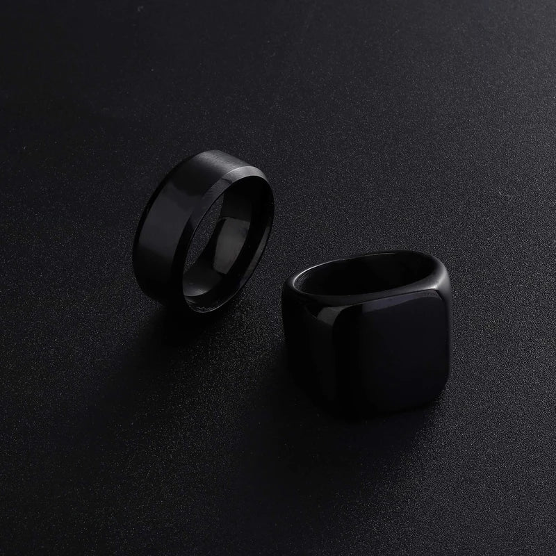Men's Black Stainless Steel Signet Ring with Infinity Square Design — Wedding & Party Jewelry
