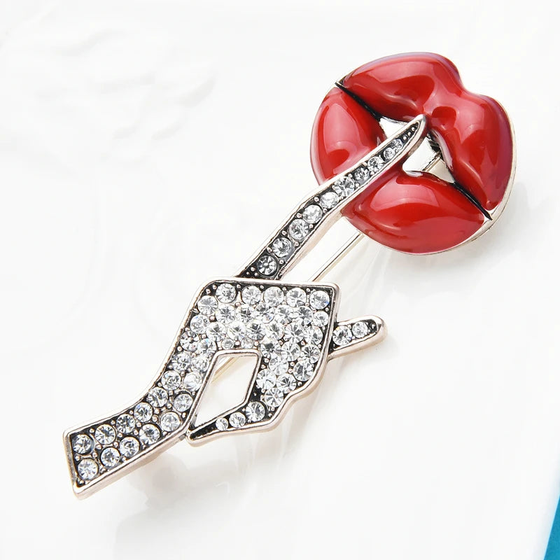 Women Hand Gesture Lip Brooch Pin - Red Enamel Jewelry Gift