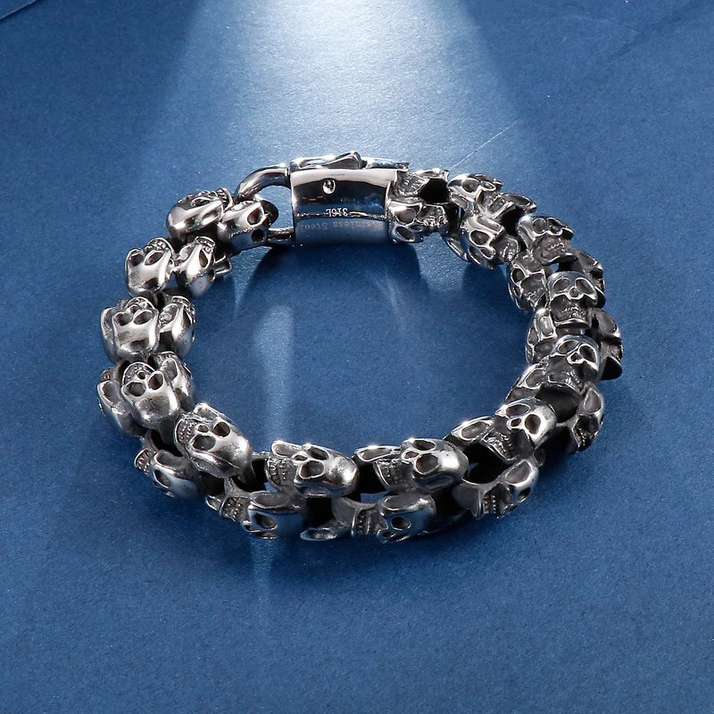 Men's Skull Chain Bracelet 12/15mm Punk Biker Silver Stainless Steel Jewelry