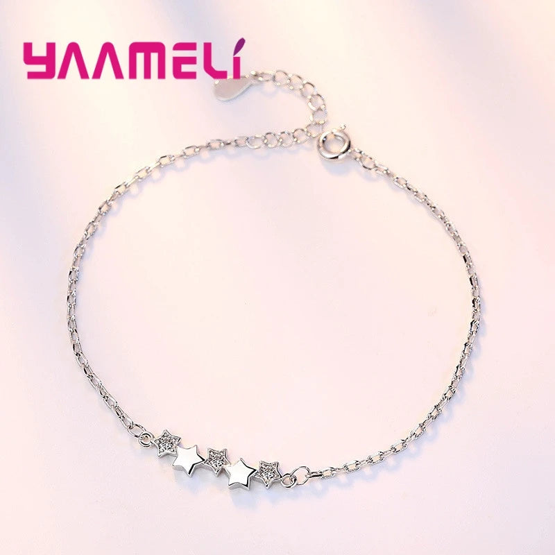 925 Sterling Silver Crystal Star Charm Bracelet Women Girls Jewelry Gift