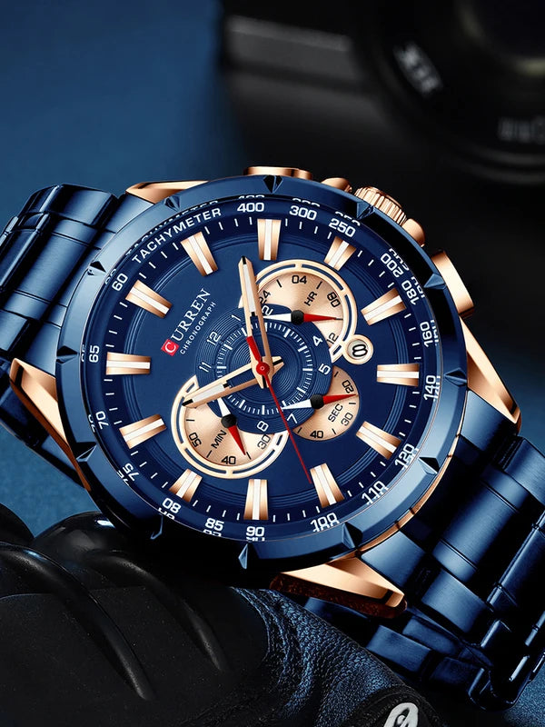 Men's Sport Chronograph Watch with Stainless Steel Band and Big Dial