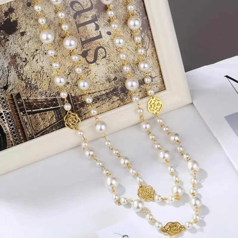 Long Pearl Necklace for Women Double Layer Camellia Flower Chain Jewelry