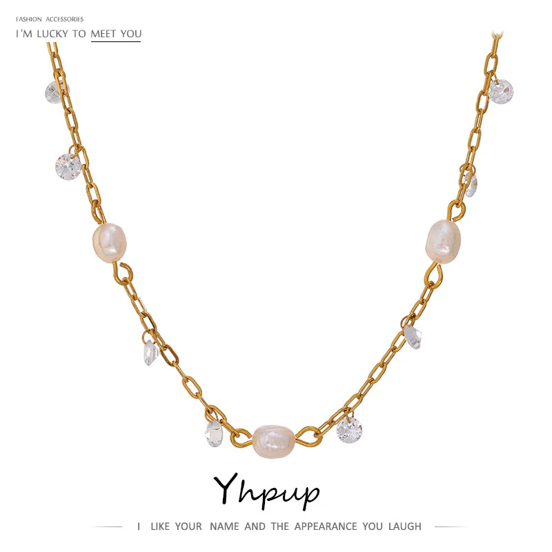 Women’s Stainless Steel Chain Necklace with Pearls and Cubic Zirconia