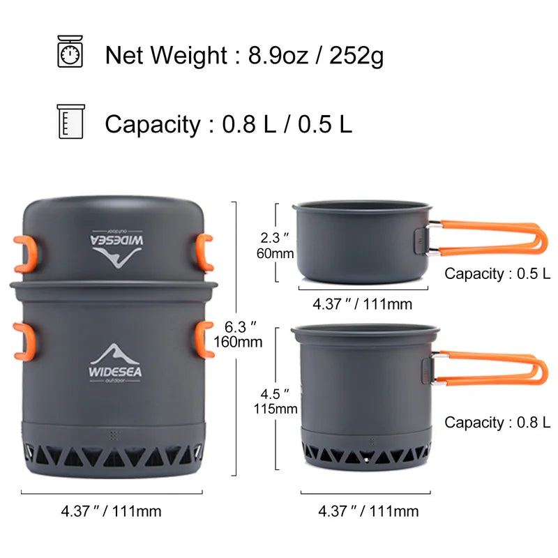 Camping Cookware Set 1.3L & 2.3L Hard Anodized Aluminum for 2-3 Persons