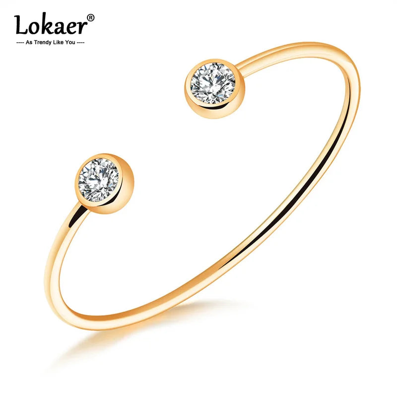 Trendy Titanium Stainless Steel Open Bangle Bracelets for Women Girls - Gold Plated Cubic Zirconia Cuff Jewelry