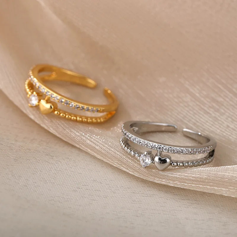 Double Layer Heart Zircon Rings for Women Stainless Steel Wedding Jewelry - Couple Gift