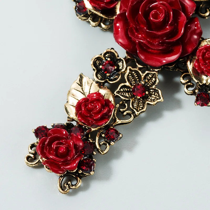 Vintage Gold Cross Earrings for Women Girls Enamel Rose Flower Statement Jewelry