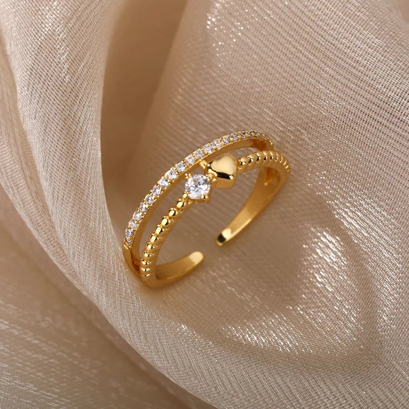Double Layer Heart Zircon Rings for Women Stainless Steel Wedding Jewelry - Couple Gift