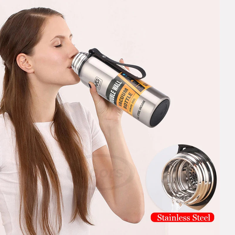 Insulated Stainless Steel Thermos Bottle with Rope Handle - Large Capacity Vacuum Flask