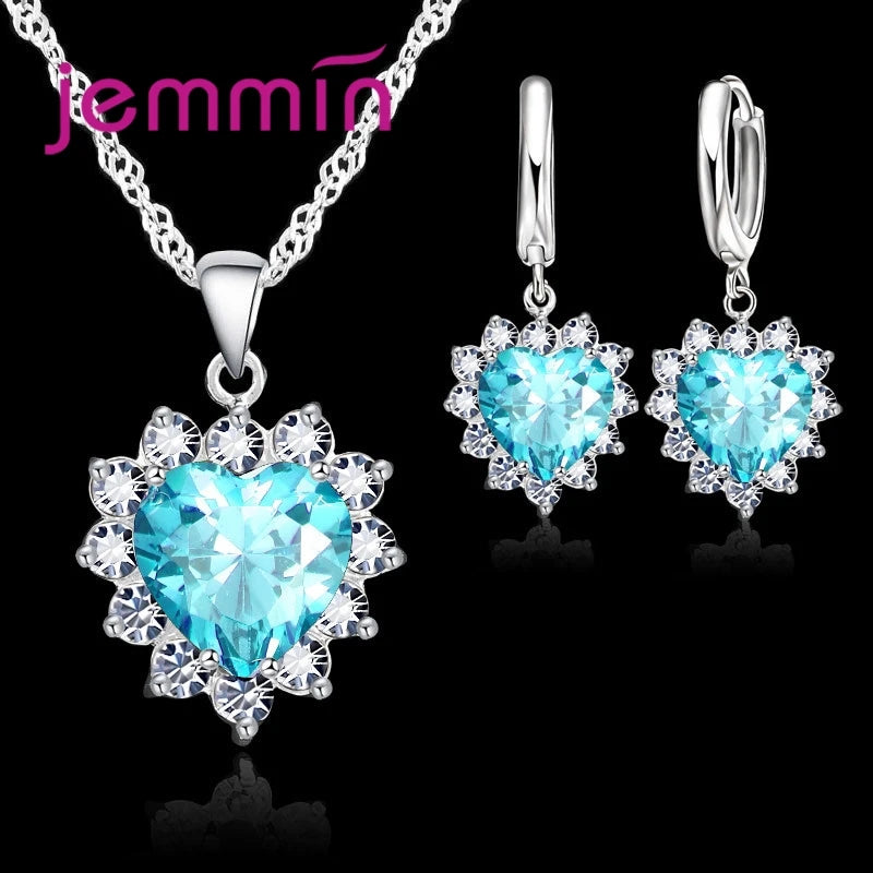 Sterling Silver Heart Pendant Jewelry Set with Hoop Earrings for Women Girls - Wedding Engagement Gift