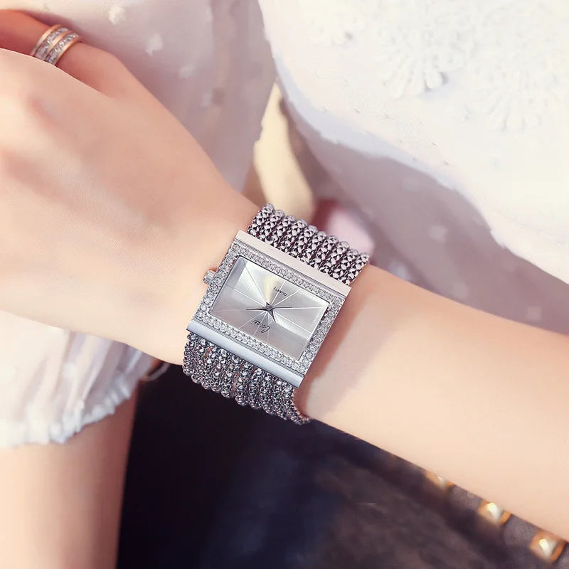 Fashion Women's Square Bracelet Wrist Watch with Diamond-Accented Quartz Movement