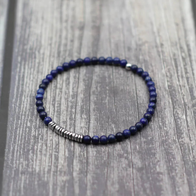 Men's Beaded Stone Bracelet with Elastic Cord - Natural Lava, Tiger Eye, Hematite, Silver Finish