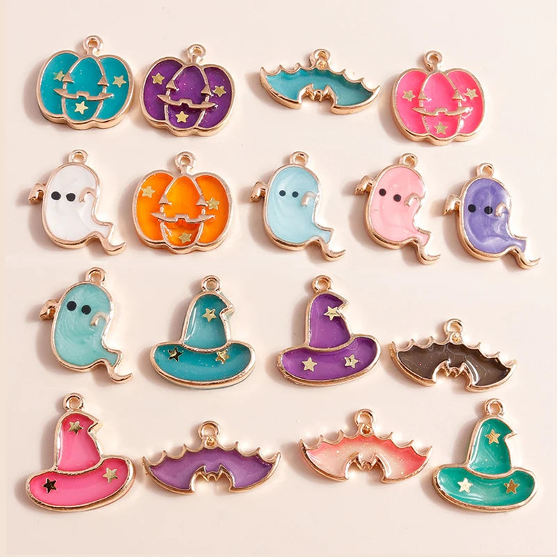 Halloween Enamel Charms Set - Ghost, Vampire, Pumpkin, Hat Pendants for Jewelry Making