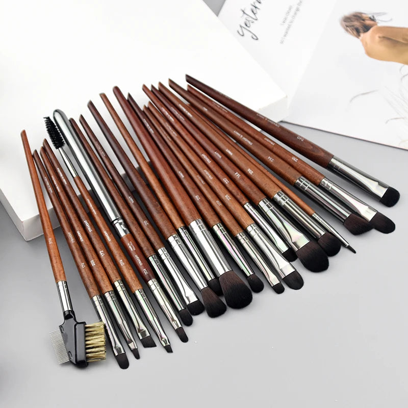 Natural Wood Makeup Brush Set with Multiple Handles - Eye, Lip, Face Tools