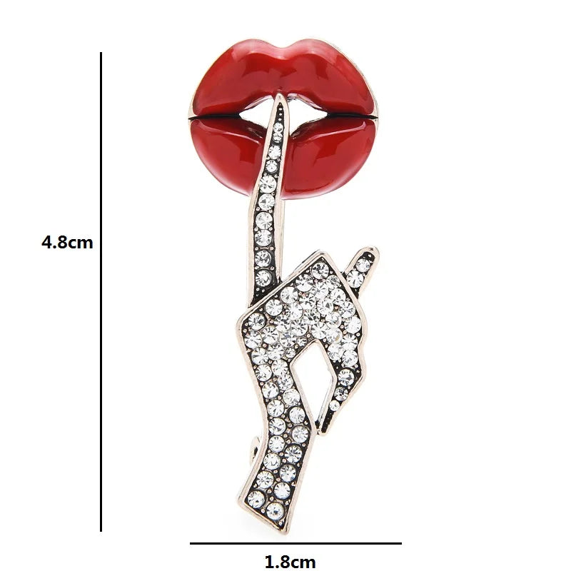 Women Hand Gesture Lip Brooch Pin - Red Enamel Jewelry Gift