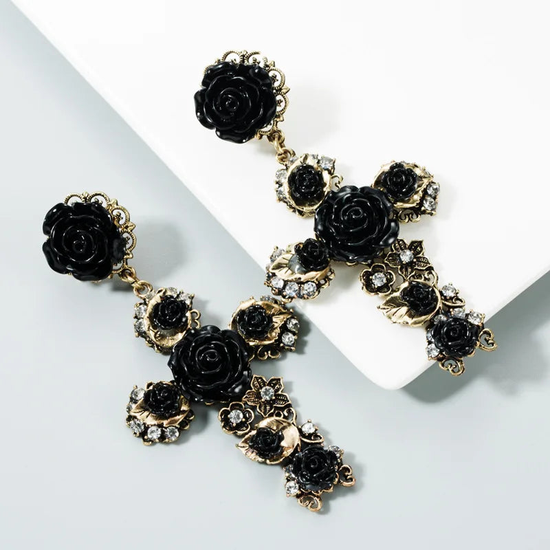 Vintage Gold Cross Earrings for Women Girls Enamel Rose Flower Statement Jewelry