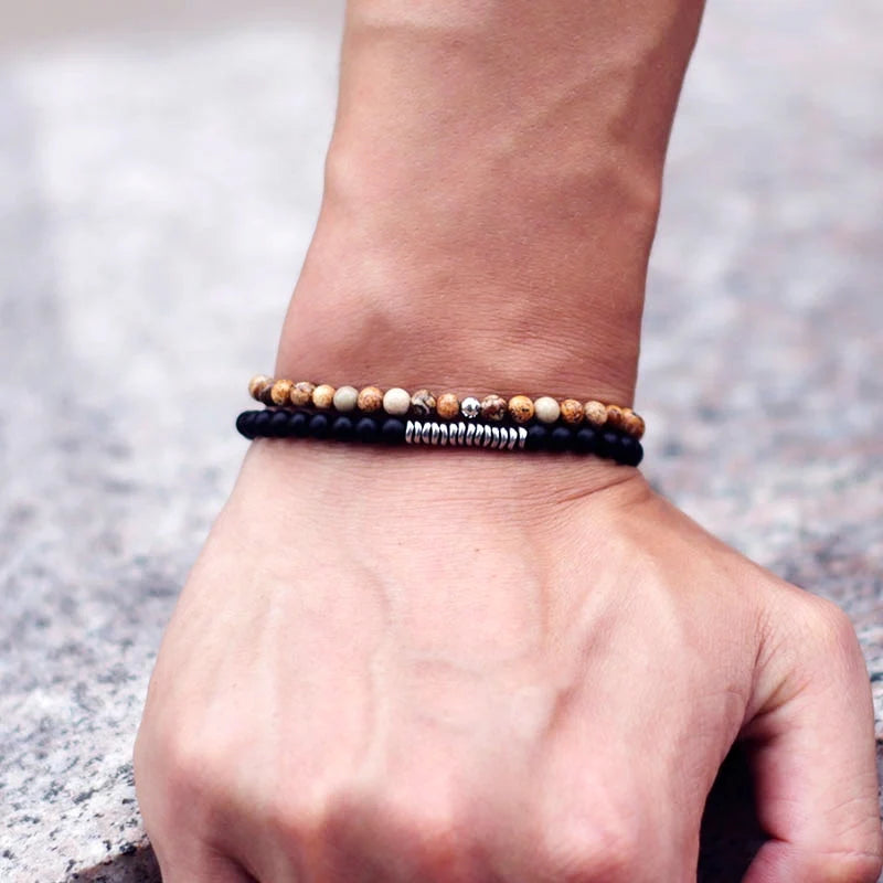 Men's Beaded Stone Bracelet with Elastic Cord - Natural Lava, Tiger Eye, Hematite, Silver Finish