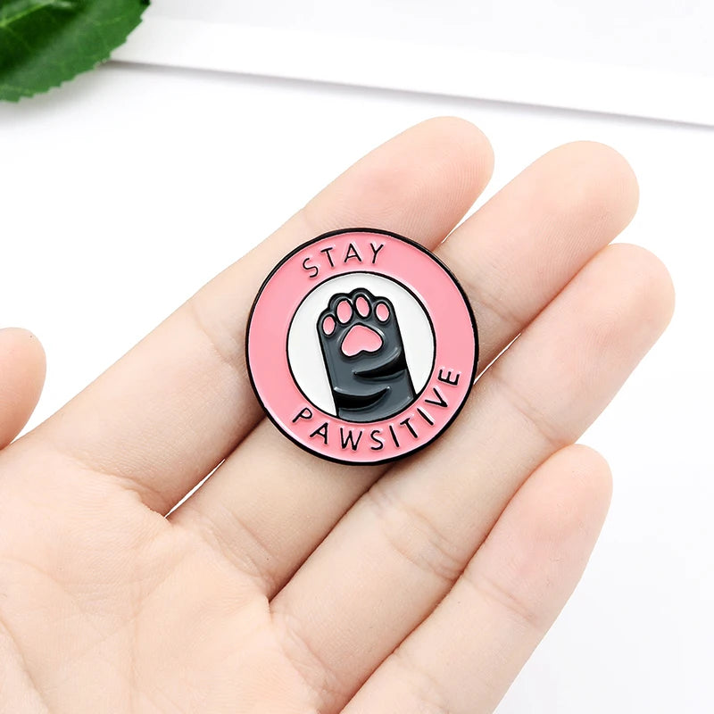 Pink Cat Paw Enamel Pins - Custom 'Stay Pawsitive' Brooches for Jewelry & Gifts