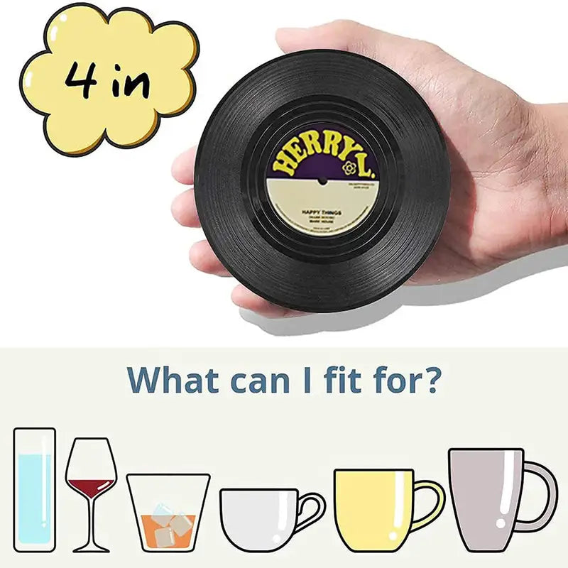 Set of 6 Vinyl Record Coasters with Holder - Retro Music Drink Pads