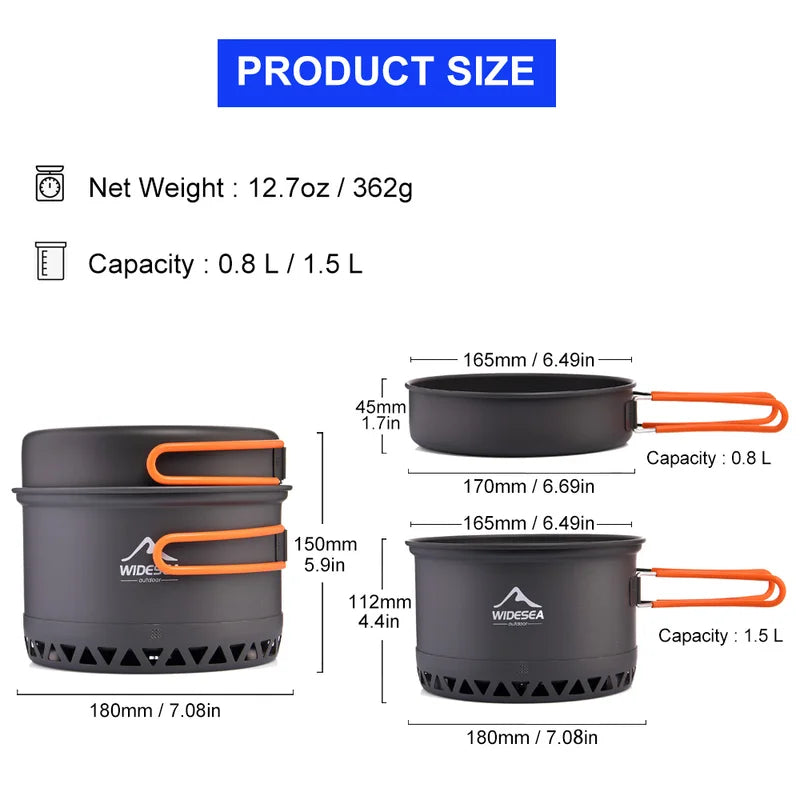 Camping Cookware Set 1.3L & 2.3L Hard Anodized Aluminum for 2-3 Persons