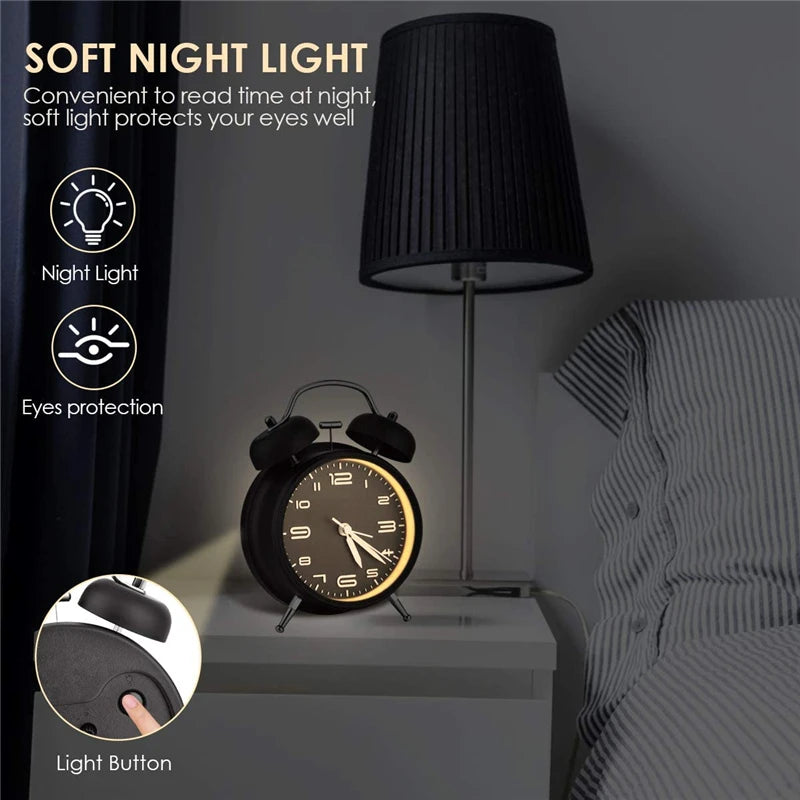Twin Bell Alarm Clock Metal Frame with Backlight - Loud & Silent Desk Clock