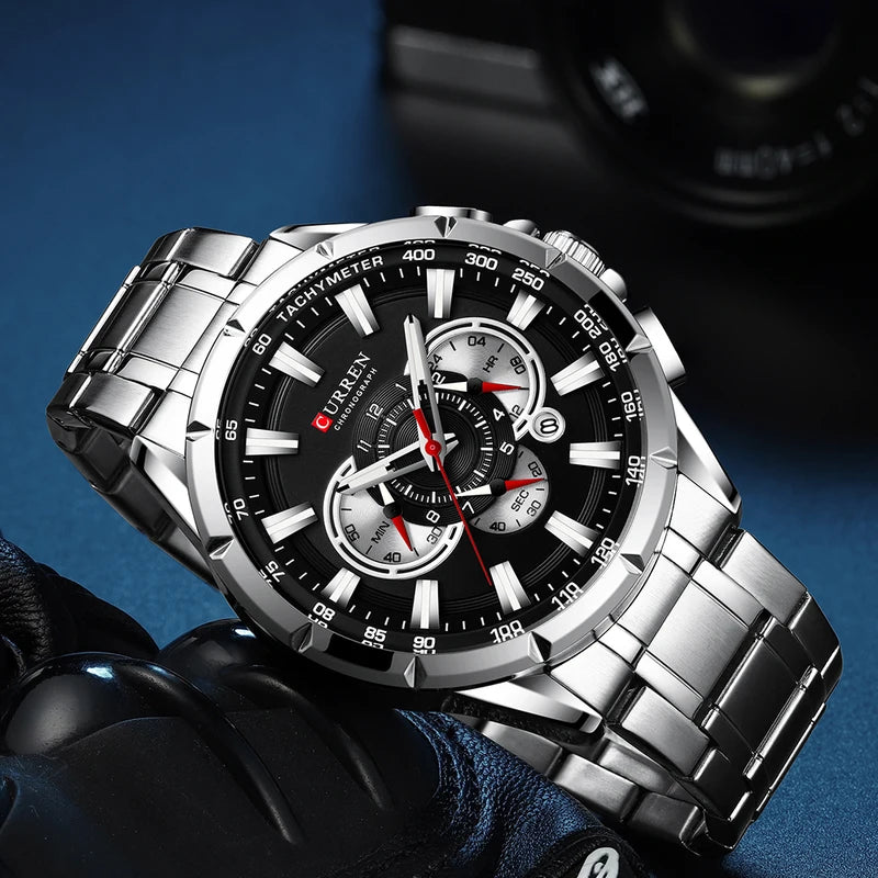 Men's Sport Chronograph Watch with Stainless Steel Band and Big Dial