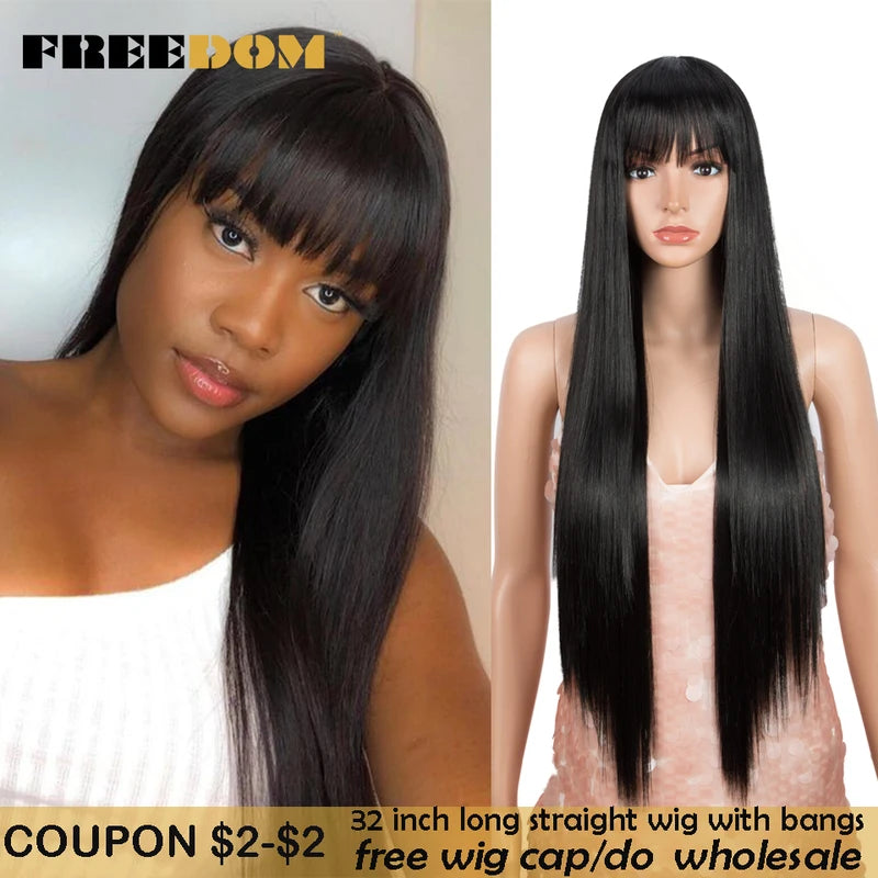 Synthetic Cosplay Wig with Bangs for Women - Long Straight Heat-Resistant Fiber
