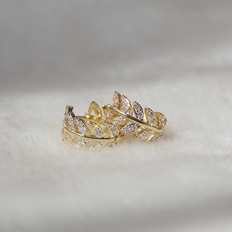 Delicate Leaf Hoop Earrings with CZ for Women - Silver or Gold Color