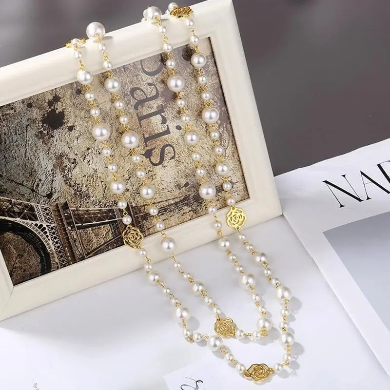 Long Pearl Necklace for Women Double Layer Camellia Flower Chain Jewelry