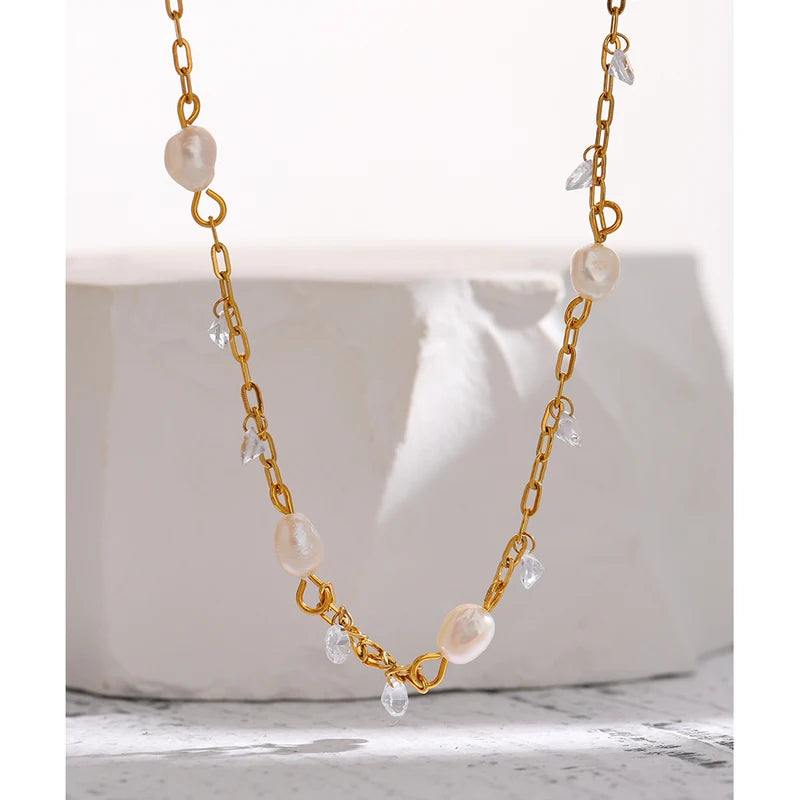 Women’s Stainless Steel Chain Necklace with Pearls and Cubic Zirconia