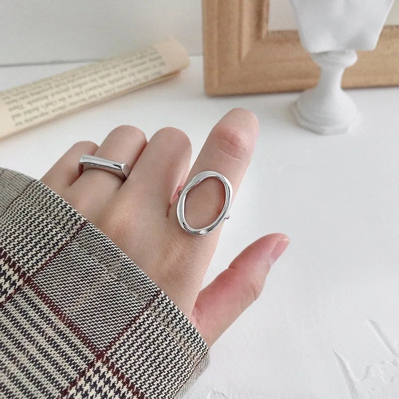 Adjustable Geometric Silver & Gold Hollow Oval Ring for Women