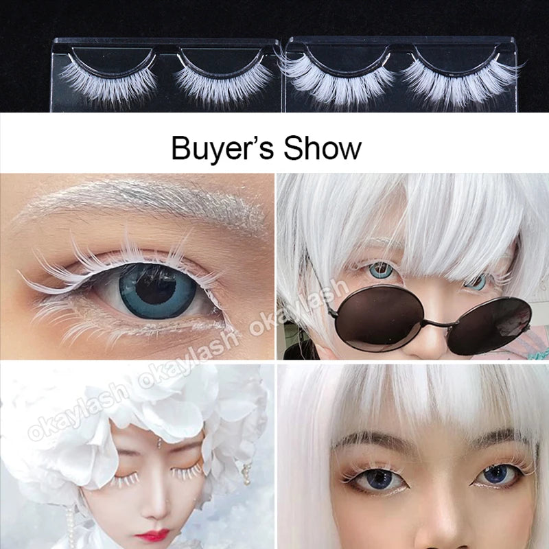 3 Pairs White Cosplay False Eyelashes Fluffy Natural Vegan Bulk for Halloween