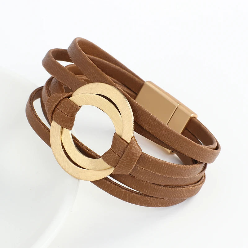 Boho Genuine Leather Wrap Bracelet for Women & Men with Hollow Circle Charm