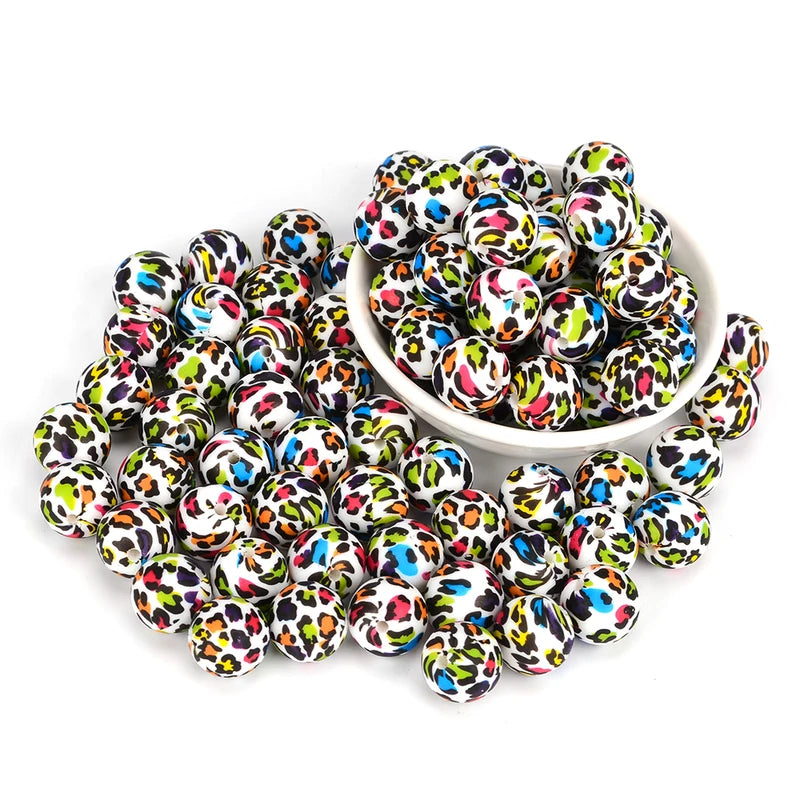 DIY Silicone Beads Set - 12/15/19mm Round Flower Leopard Design for Jewelry Making