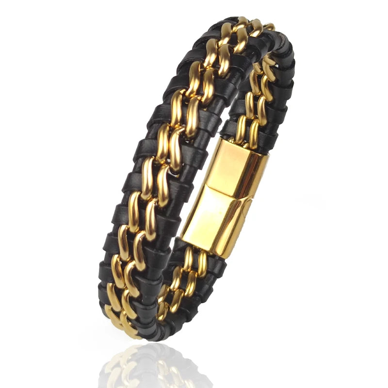 Leather Chain Bracelet for Men with Magnetic Steel Clasp - Gold Plated Jewelry