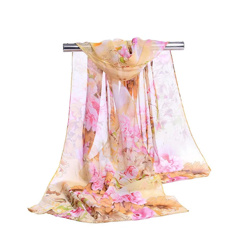 Fashion Print Chiffon Scarf with Floral and Striped Designs - Multiple Colors