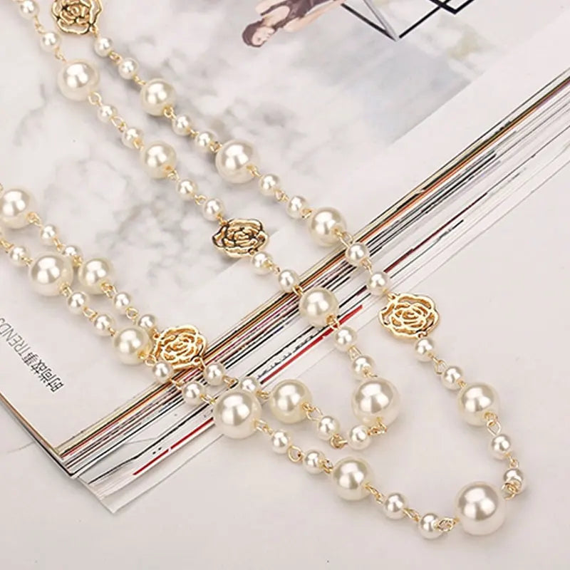 Long Pearl Necklace for Women Double Layer Camellia Flower Chain Jewelry