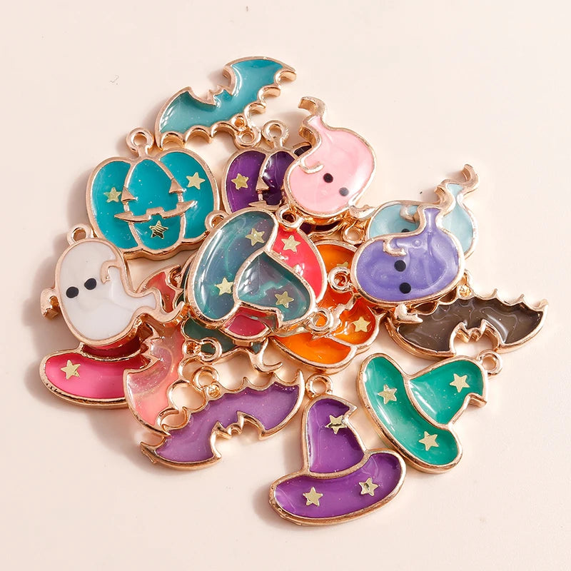 Halloween Enamel Charms Set - Ghost, Vampire, Pumpkin, Hat Pendants for Jewelry Making