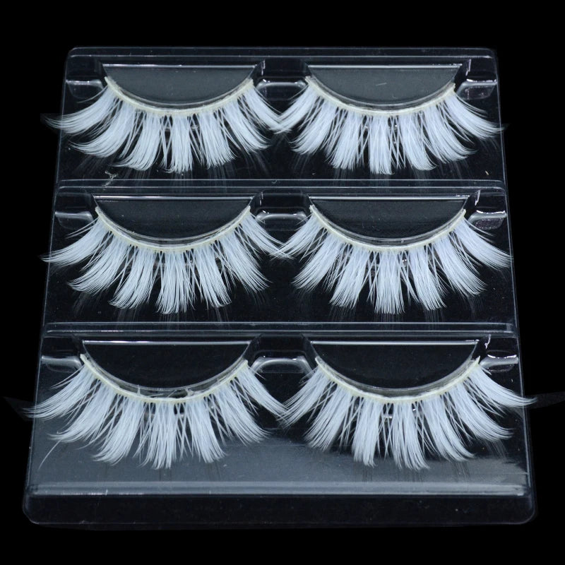 3 Pairs White Cosplay False Eyelashes Fluffy Natural Vegan Bulk for Halloween