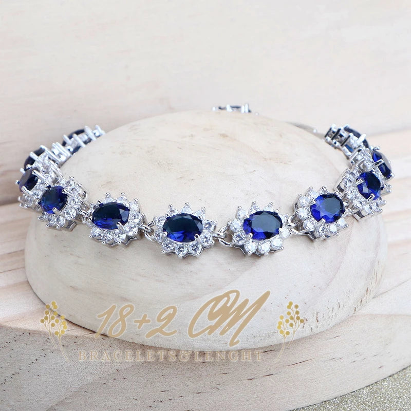 Silver 925 Women Bridal Jewelry Set with Blue Zirconia Necklace Earrings Rings Bracelets Pendant